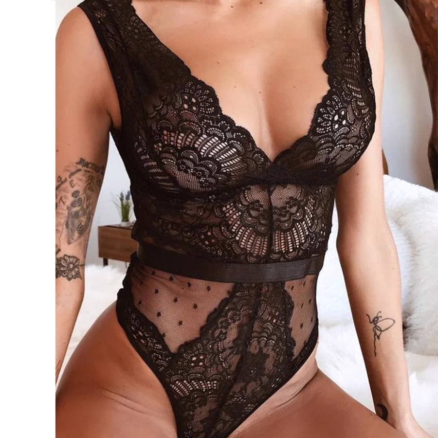 

2022 New Summer Lace Bodysuit Women Embroidery Transparent Deep V Neck Sexy Bodys Dot Mesh Top Sleeveless Femlae Body