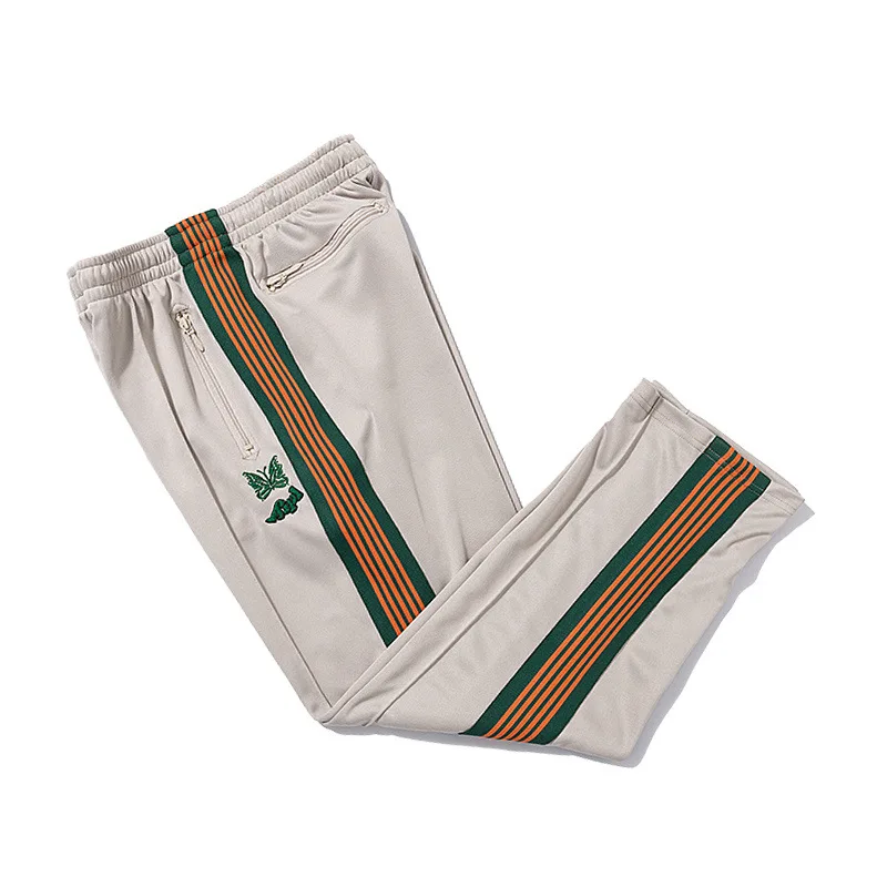 

Men's casual sports pants with European and American trendy brand new Needles butterfly embroidery and side woven straps