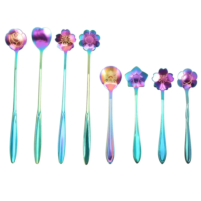 

8Pcs Flower Spoon Set, 2 Different Size Colorful Stainless Steel Teaspoons Rainbow Coffee Stirring Spoon