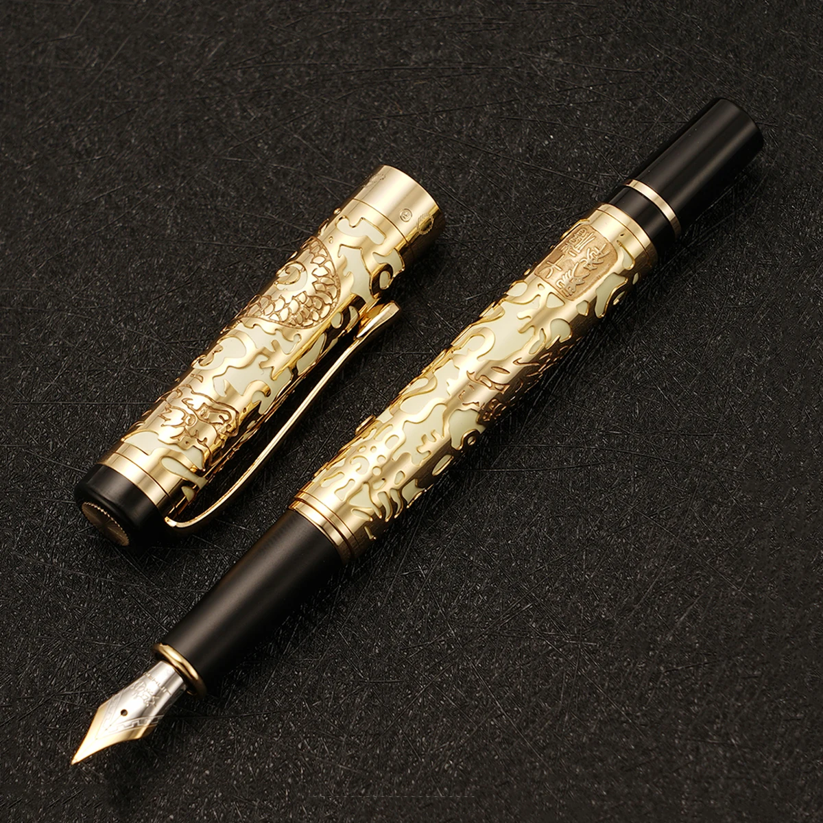 

Vintage Jinhao 5000 Luxury Metal Fountain Pen White-Gold Beautiful Dragon Texture Carving EF/F/M/Bent Office Business Gift Pen