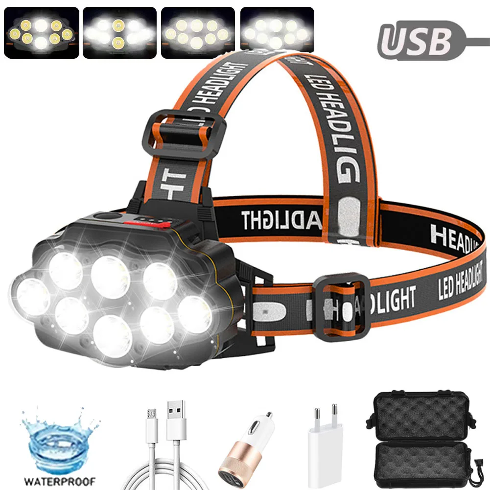 White/Yellow Light 8 LED Headlamp with built in battery USB Charging Head Lamp Outdoor Headlight Waterproof Head Torch Lanterna