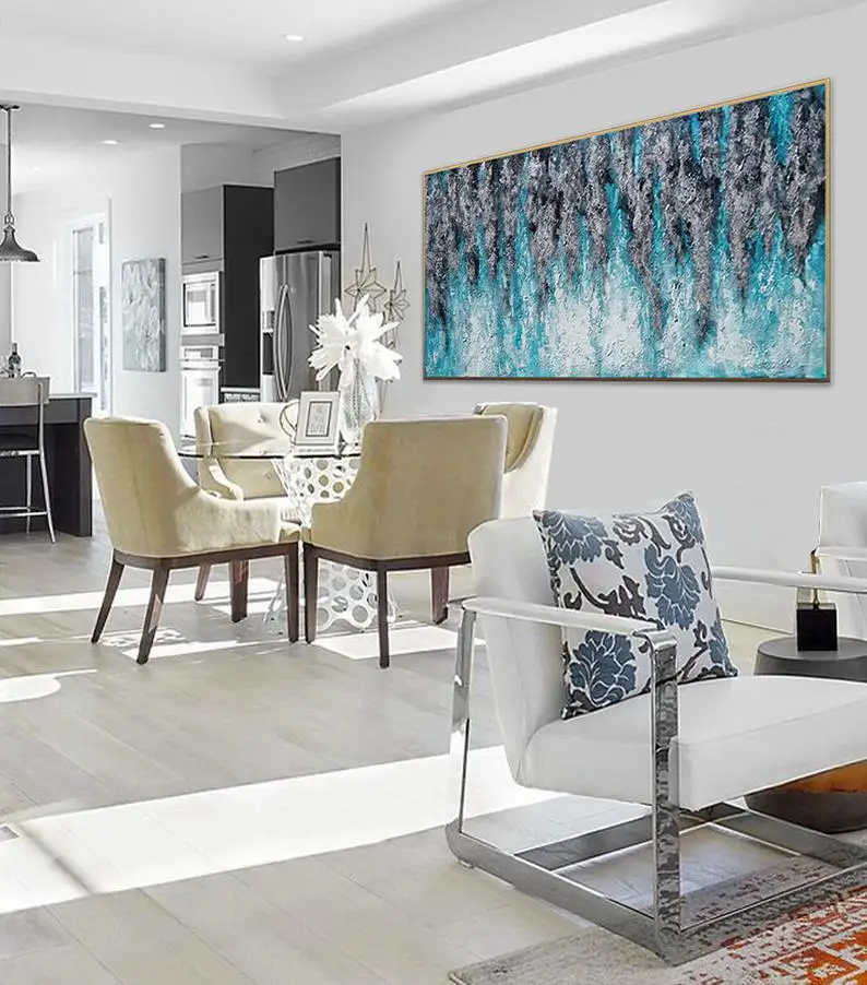 

Thick Textured Silver Leaf Oversize Modern Panoramic Texture Abstract Canvas Art Extra Large Acrylic Painting TurquoiseTeal Blue