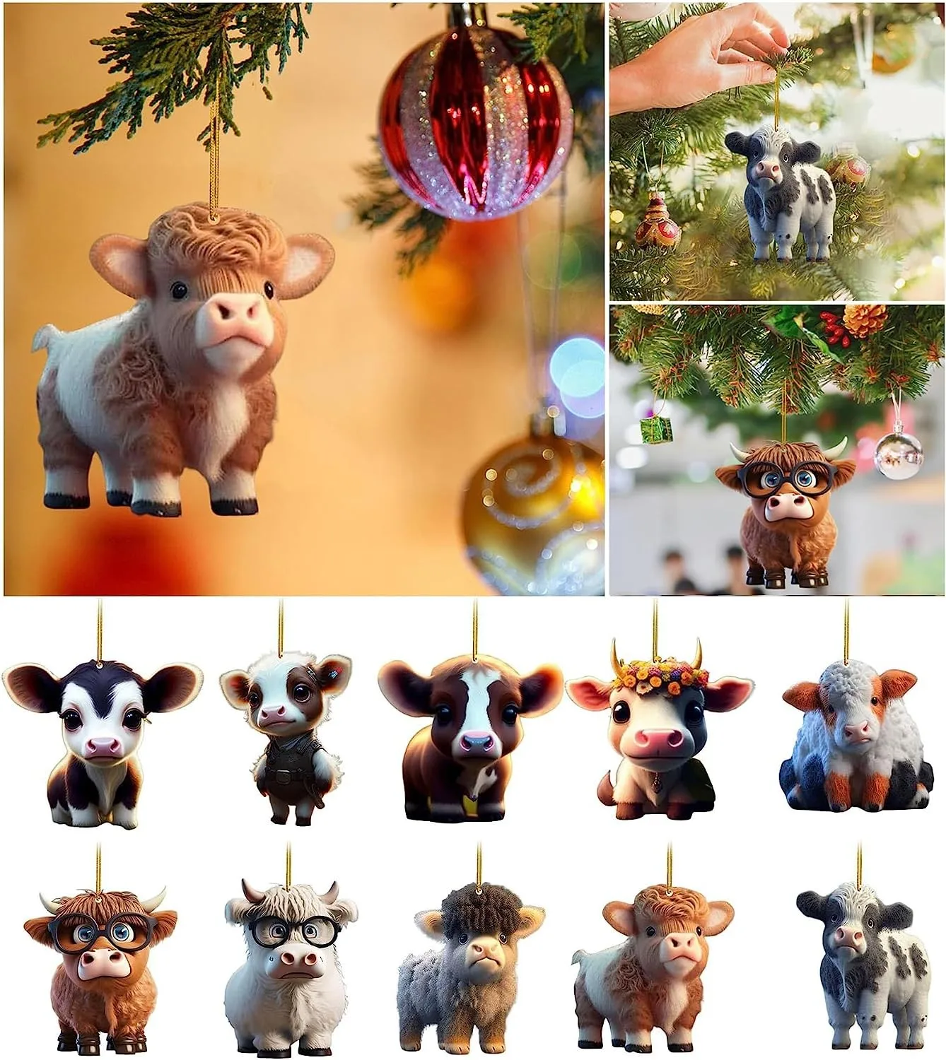 

2023 Christmas Tree Pendant Acrylic Flat Cute Cartoon Cow Car Hanging Ornament Home Decor Supplies Navidad(Not 3d Statue)
