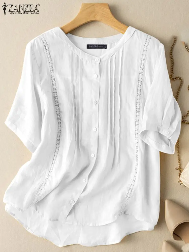 

Винтажные топы ZANZEA с коротким рукавом, летняя кружевная блузка в стиле пэчворк, топы с круглым вырезом, женские модные блузы из чистого хлопка, Повседневная рубашка 2023