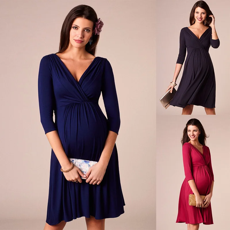 

Maternity Dresses Summer Fashion V-neck Three Quarter Sleeve Pleated Dress for Pregnant Women Pregnancy Evening Clothes