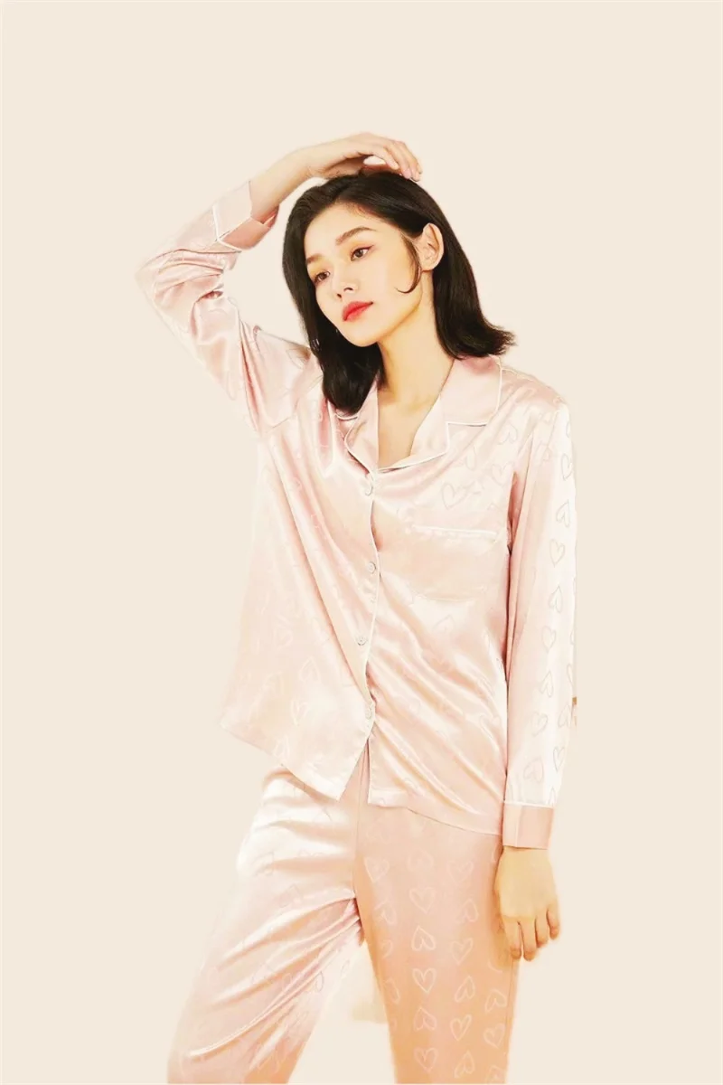 Women's Cute Pajamas Set Rayon Full Sleeve Top Long Pants Summer Shorts Suit Pink Pyjama Cozy Homewear Sweet Love Print PJS