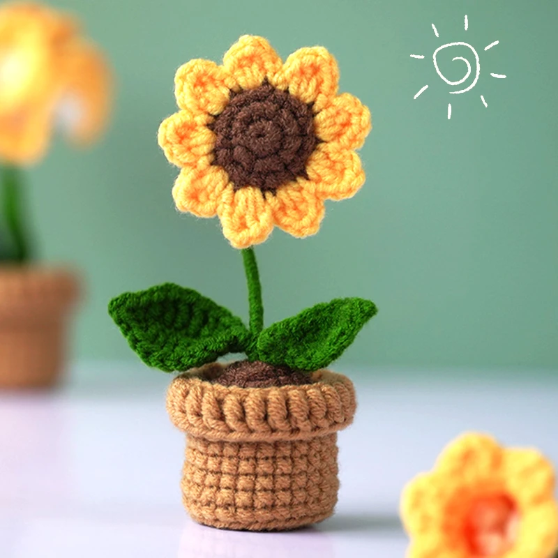 

Flower DIY Yarn Hand Woven Crochet Flower Bouquet DIY Material Bag Sunflower Potted Plant Hand Woven Rose Homemade Gift