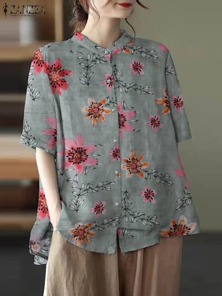 

ZANZEA Women Half Sleeve Chemise Casual Loose High-low Buttons 2023 Summer Blouses Holiday Cotton Round Neck Floral Print Shirts