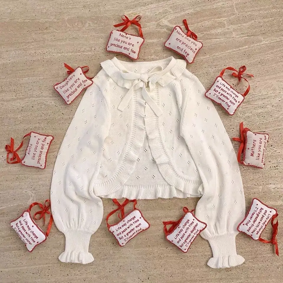 Женский трикотажный кардиган с кружевной завязкой и рукавами-фонариками