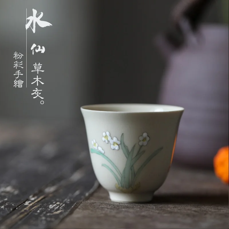 

Jingdezhen Porcelain Hand Painted Peach Blossom Tea Cup Master Cup Women's Single Handmade Grass and Wood Gray Glaze Tea Cup Set