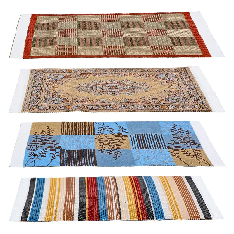 

4 Pieces 1:12 Miniature Dollhouse Accessories Mini Woven Dollhouse Rugs Miniature Carpet Dolls House Rugs Floor Blankets