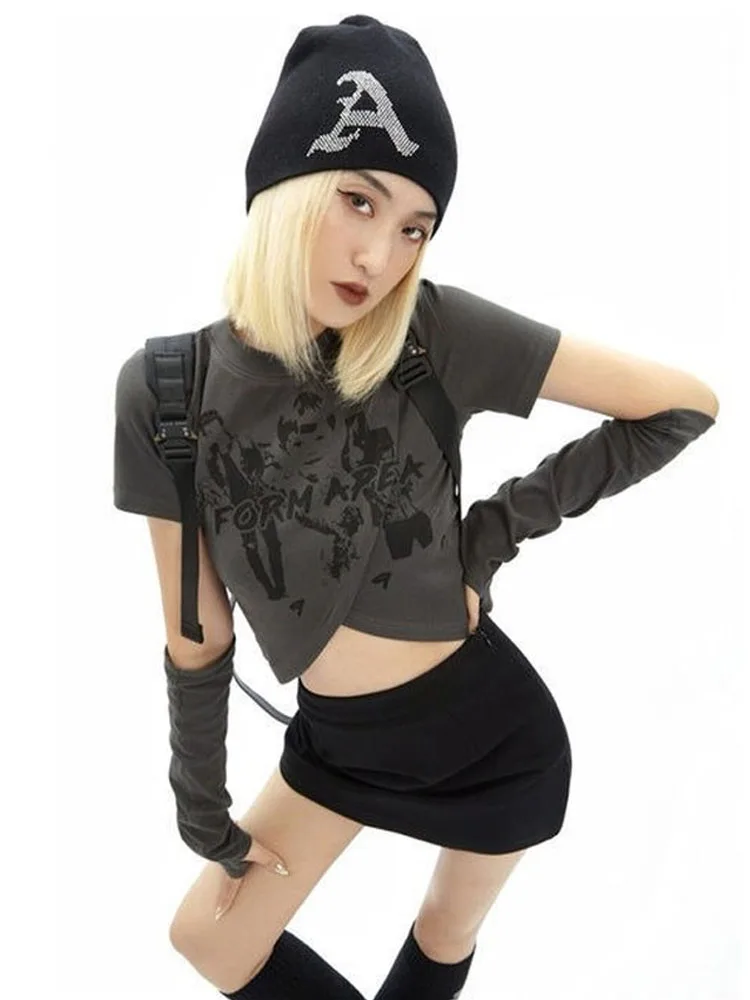 

HOUZHOU Vintage T Shirts Women Gothic Crop Top Sexy Y2k Aesthetic Irregular Harajuku Tees Female Punk Streetwear T-shirt Grunge