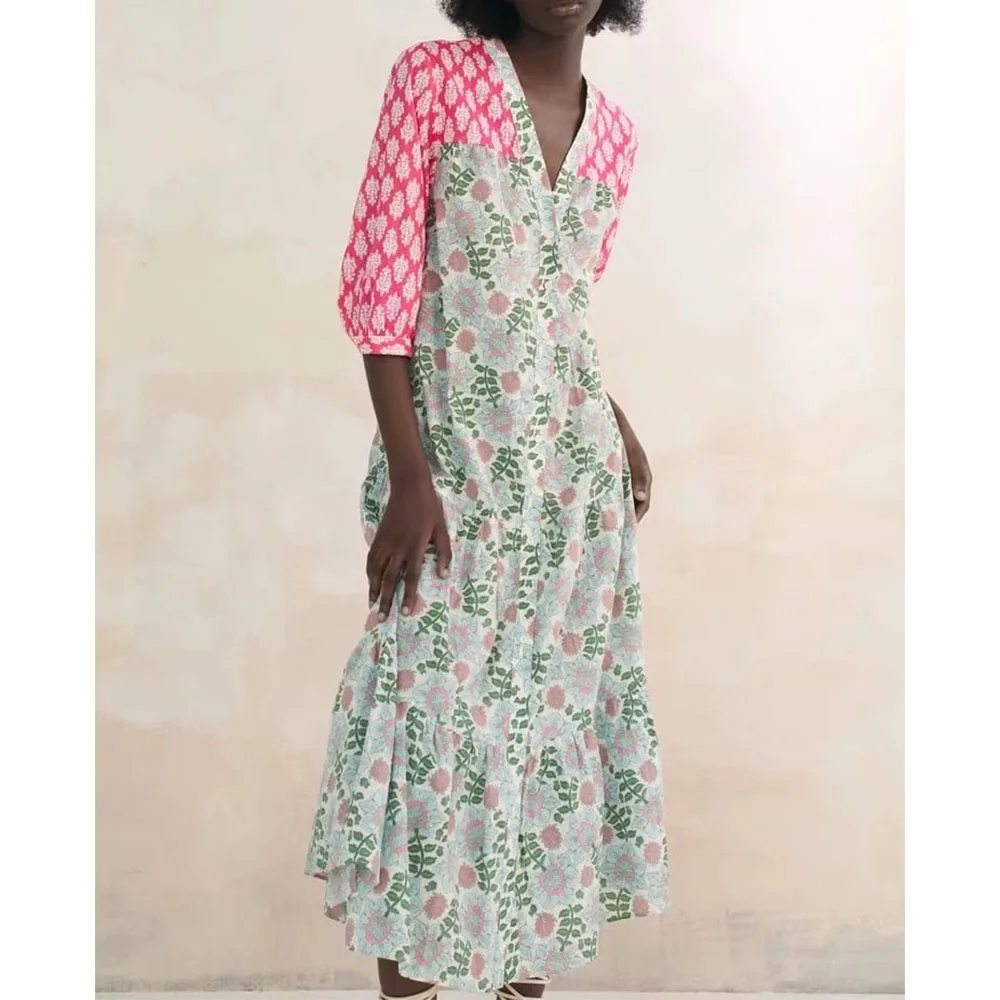 

Женское летнее платье-миди с принтом, праздничное Плиссированное многослойное платье с отстрочкой и длинной юбкой, новинка 2022