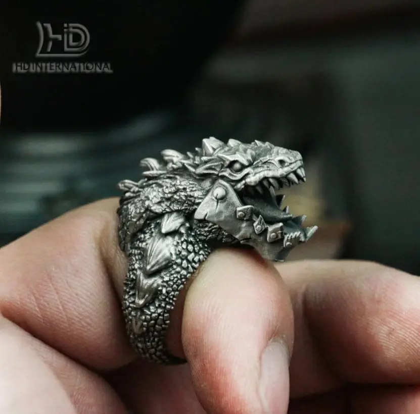 Механическое кольцо из серебра 925 пробы Тираннозавр-кольцо с драконом в