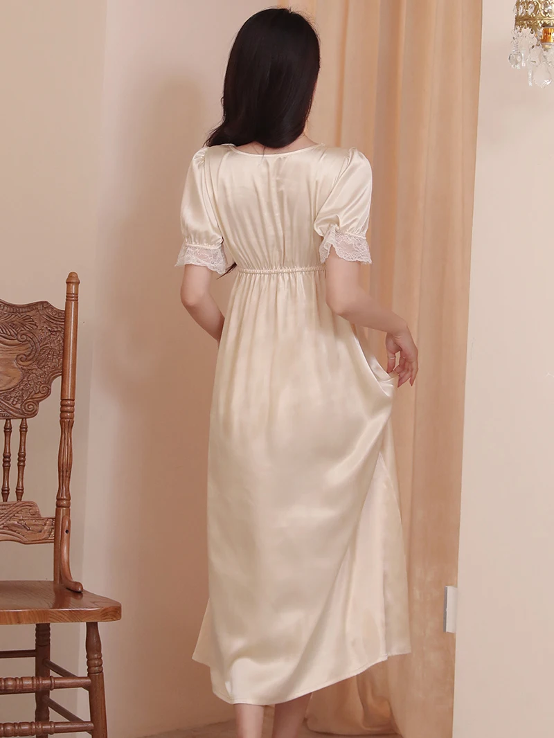 Women Femme Summer French Vintage Princess Sexy Gown Nightdress Short Sleeve V-Neck Ruffles Lace-up Home Pajamas Fairy Sleepwear