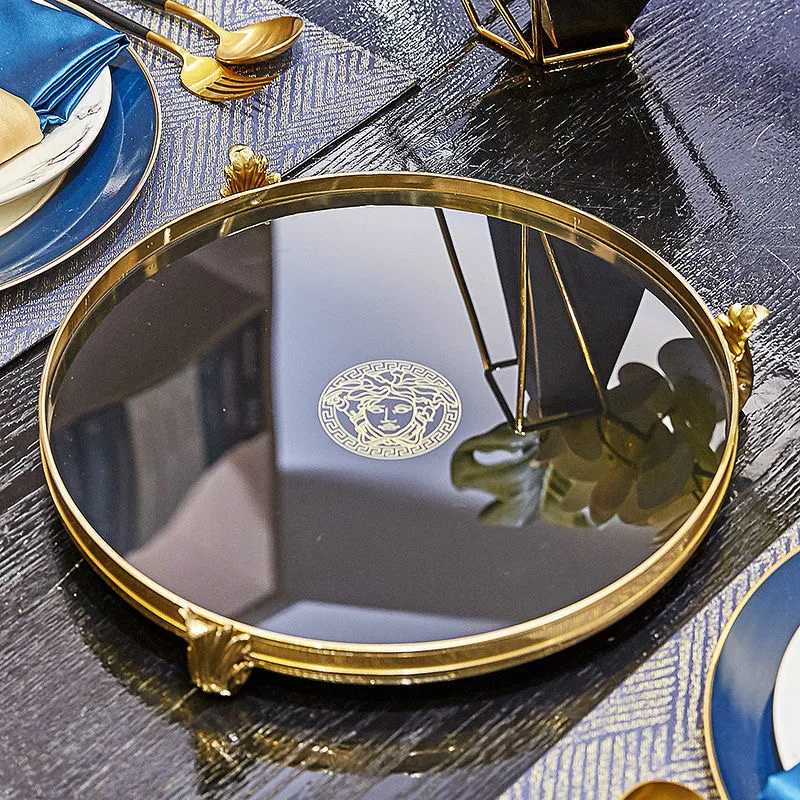 

Golden Copper Base Jewelry Display Plate Restaurant Serving Tray Living Room Decoration Gold Inlay Glass Storage Tray Decorative