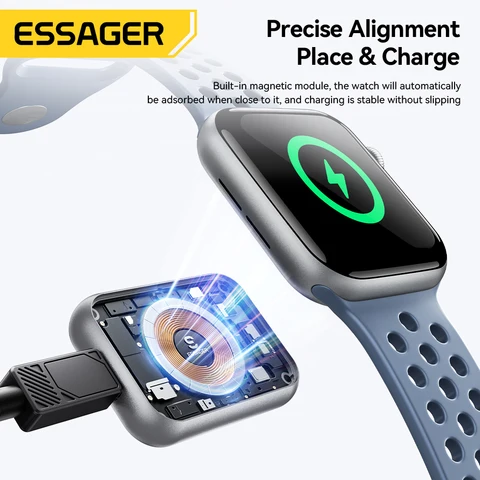 Магнитное беспроводное зарядное устройство Essager 5 Вт для Apple Watch серии 9 8 7 6 SE, кабель освещения типа C, преобразующее зарядное устройство для серии iWatch