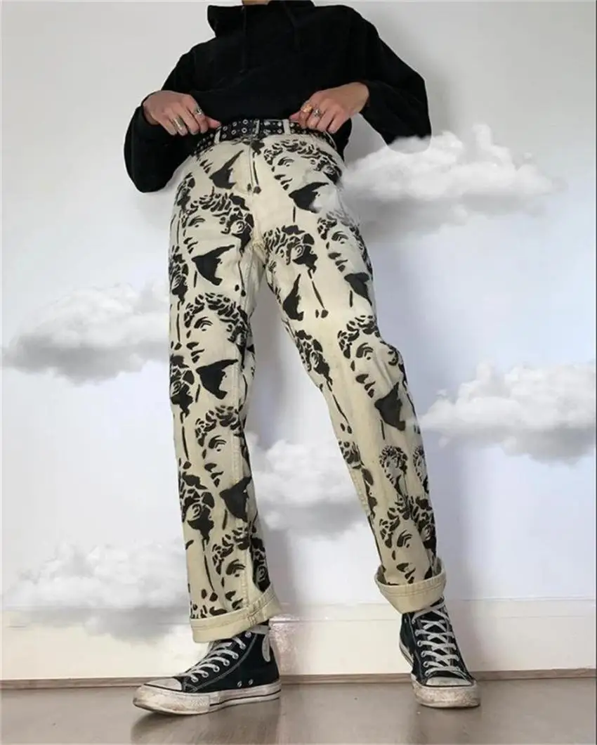 Men's spring and autumn new hot selling street punk hip-hop personality face abstract print pattern motorcycle straight jeans