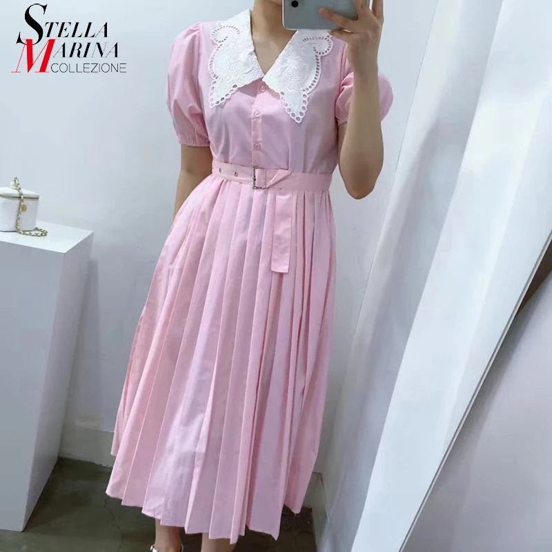 

New Woman Summer Solid Pink Short Sleeve Casual Dress Short Sleeve A-Line V Neck With Lace Office Ladies Elegant Dresses JA059