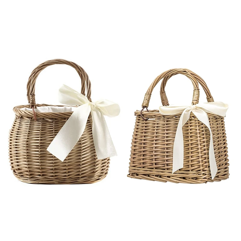 

Woven Rattan Totes With Bow And Cloth Lining, Top Handle Handbags Bohemia Style Beach Bag