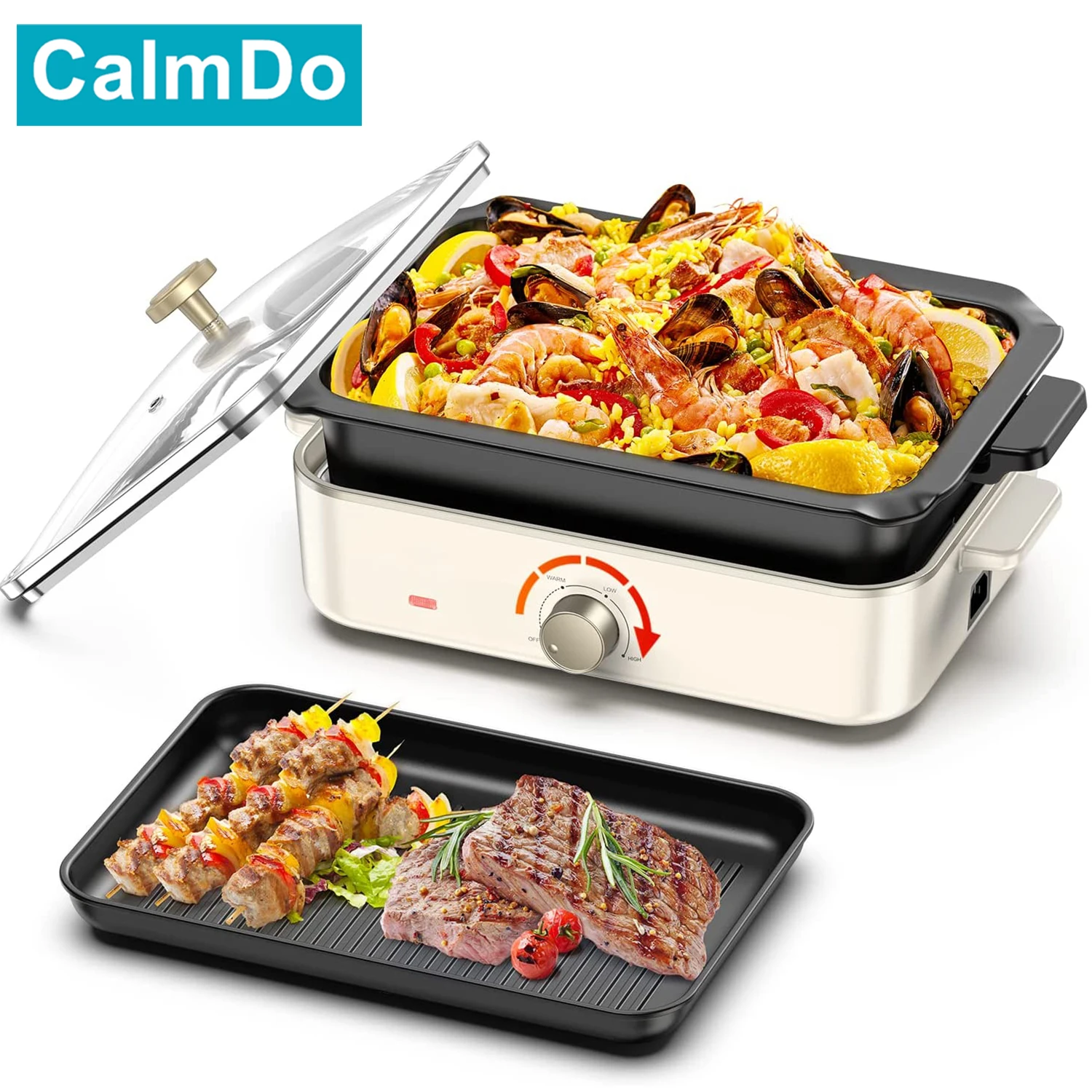 CalmDo 1400W Multi-function Electric Foldaway Skillet Grill Combo Home Cooking Pot Electric Barbecue Barbecue Stove Skillet