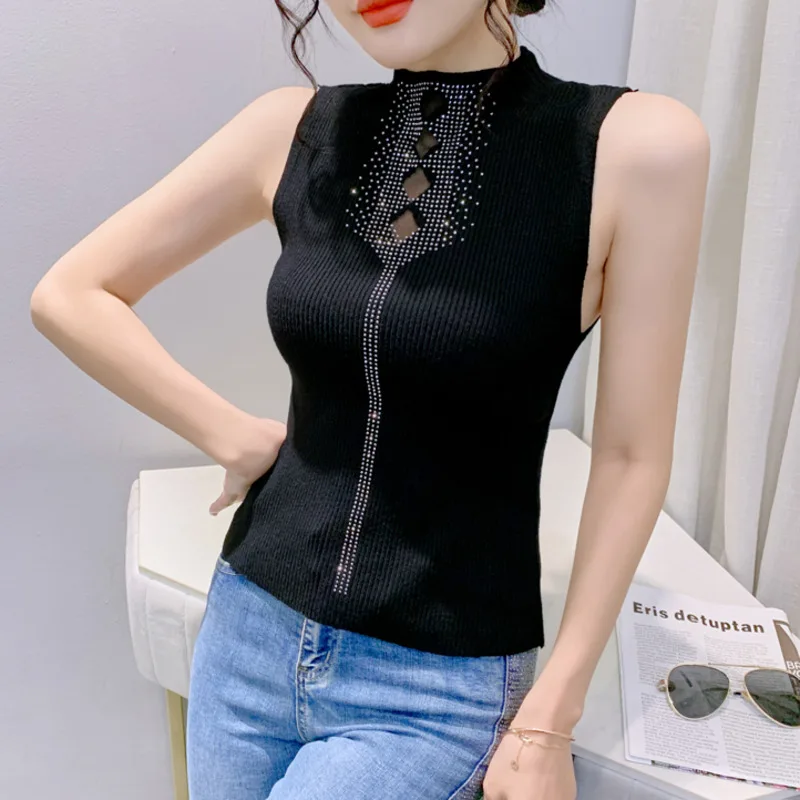

#5354 Black White Red Knitted Short Tank Top Women Diamonds Hollow Out Sexy Tight Elastic Outerwear Sleeveless Crop Top T Shirt
