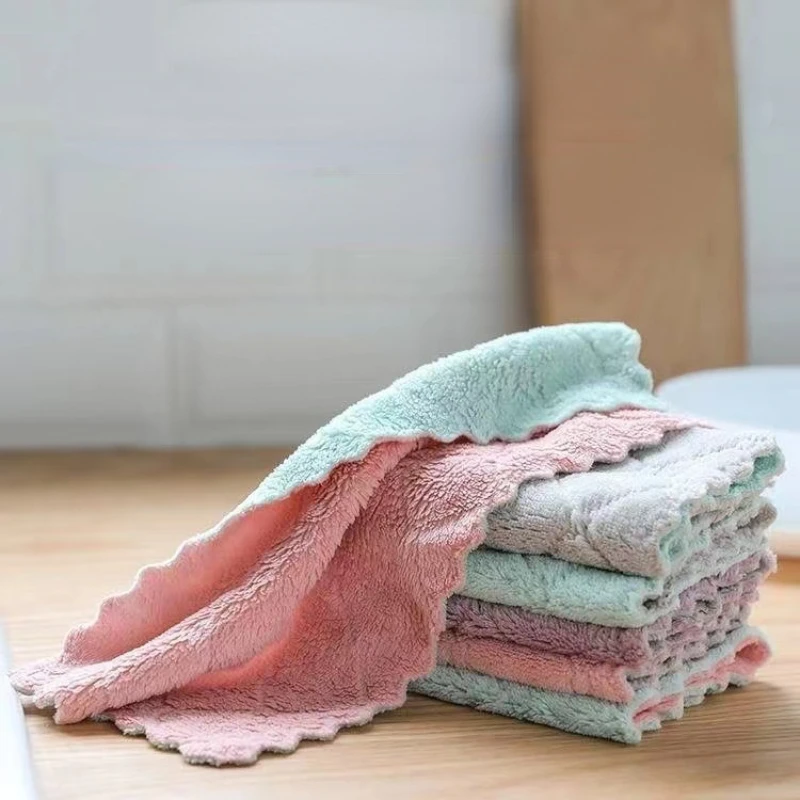 

5pcs Double-layer Absorbent Microfiber Kitchen Dish Cloth Non-stick Oil Household Cleaning Cloth Wiping Towel Home Kichen Tool