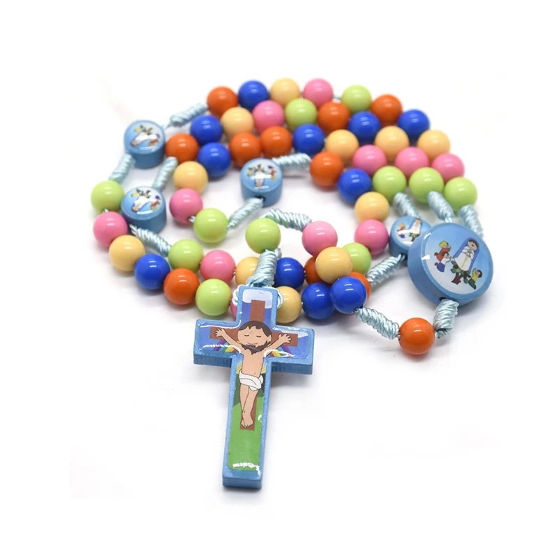 

Cartoon Jesus Cross Rosary Necklace Handmade Colorful Round Beads Pendant for Kids Girls Boys Children Catholic Prayer Necklaces