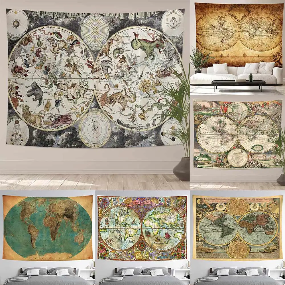 

Ancient School Navigation Retro World Map Living Room Tapestry Bedside Rental House Tapestry