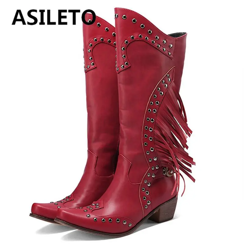 

ASILETO Women's High Boots Western Round Toe Chunky Heels Revets Tassels Buckle Zipper Plus Size 34-48 Fashion Black Red S3713