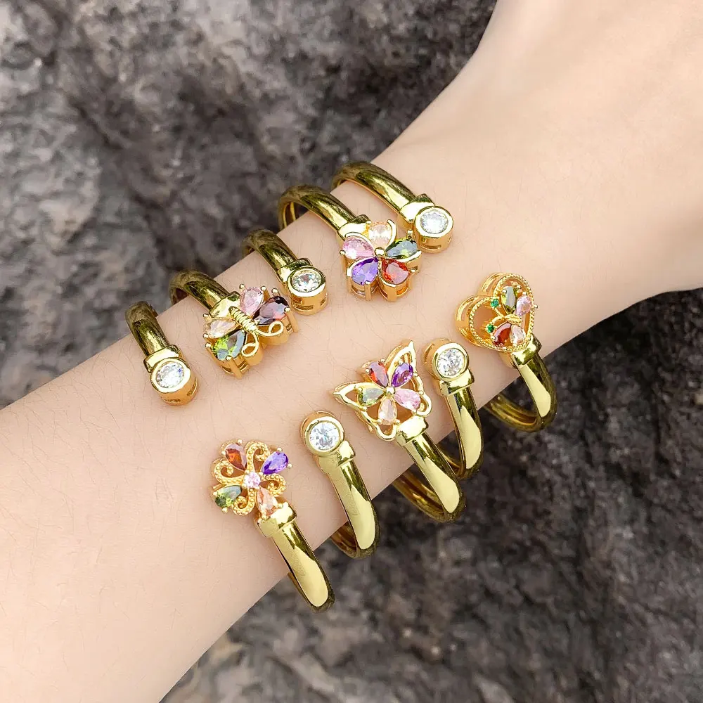 FLOLA Copper Gold Plated Butterfly Cuff Bangles for Women Multicolor CZ Crystal Daisy Flower Bangles Simple Jewelry brtk52