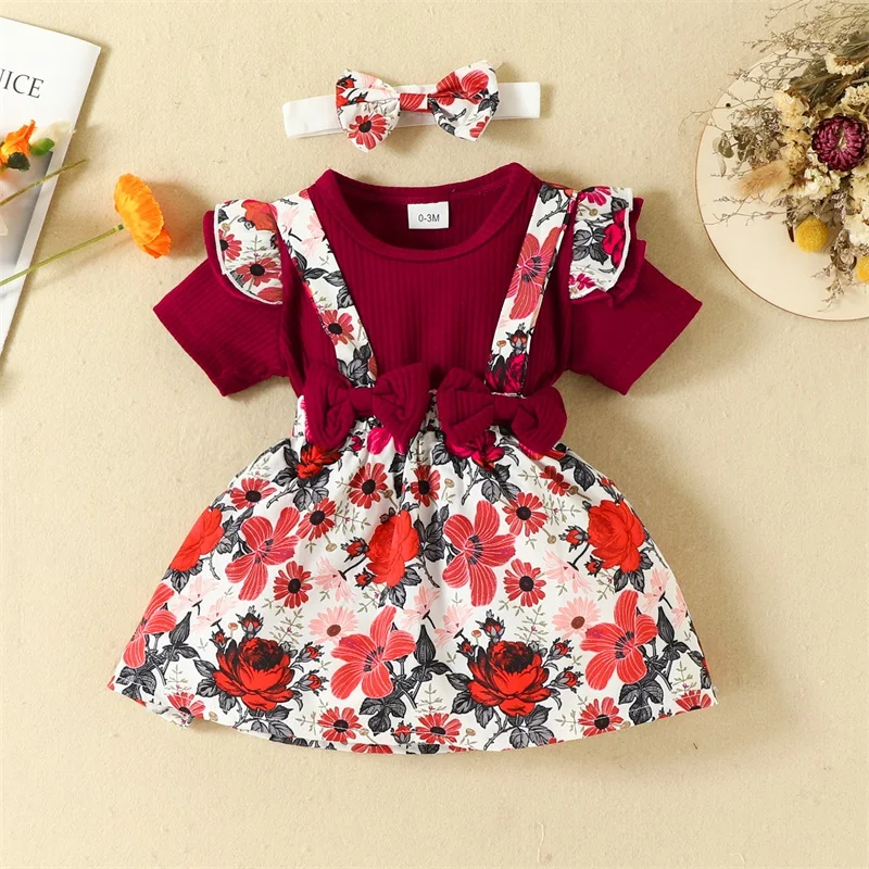 

0-18M Infant Girl Autumn Clothes Set Flying Sleeve Round Neck Jumpsuit +Flower Print Suspender Skirt + Bow Headband