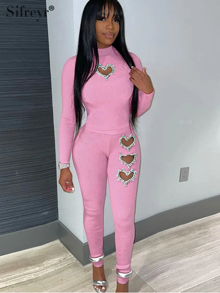 Sifreyr модный брючный комплект Водолазка с длинным рукавом вырезами металлический