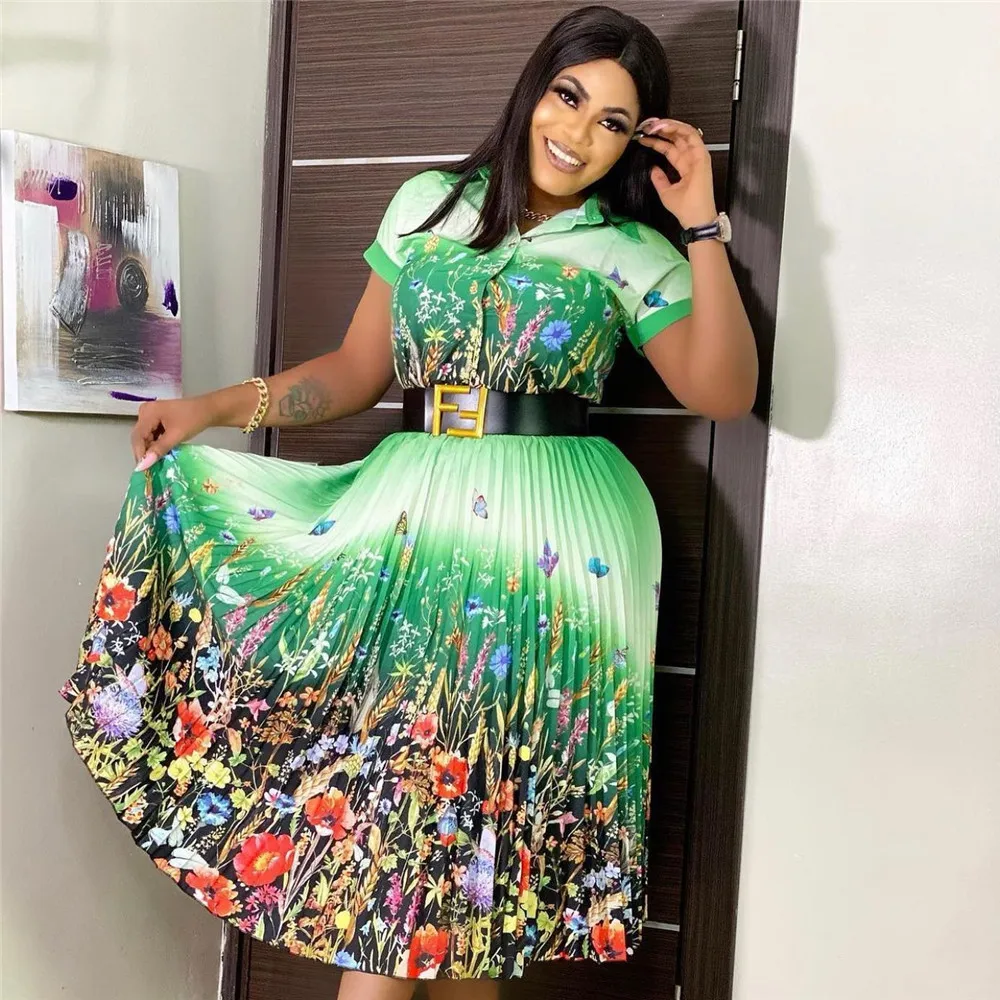 

Summer Dresses For Women 2022 Fashion Chic Casual Green Flower Print High Waist A Line Midi Shirt Dress With Short Sleeve Dress