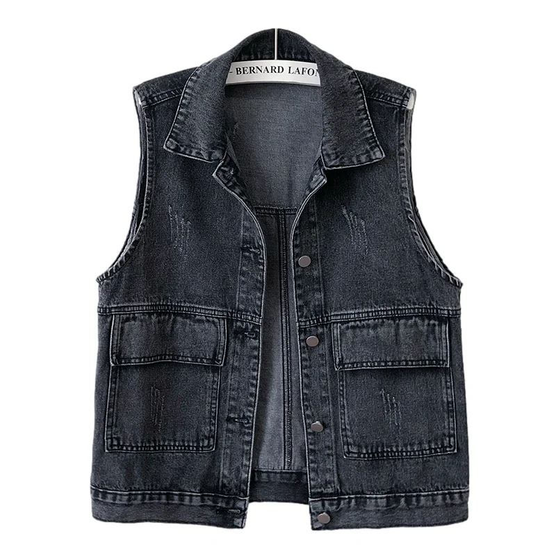 

Korean Black Denim Vest Women Vintage Waistcoat Loose Short Big Pocket Cowboy Sleeveless Jacket Casual Frayed Jeans Vest Female
