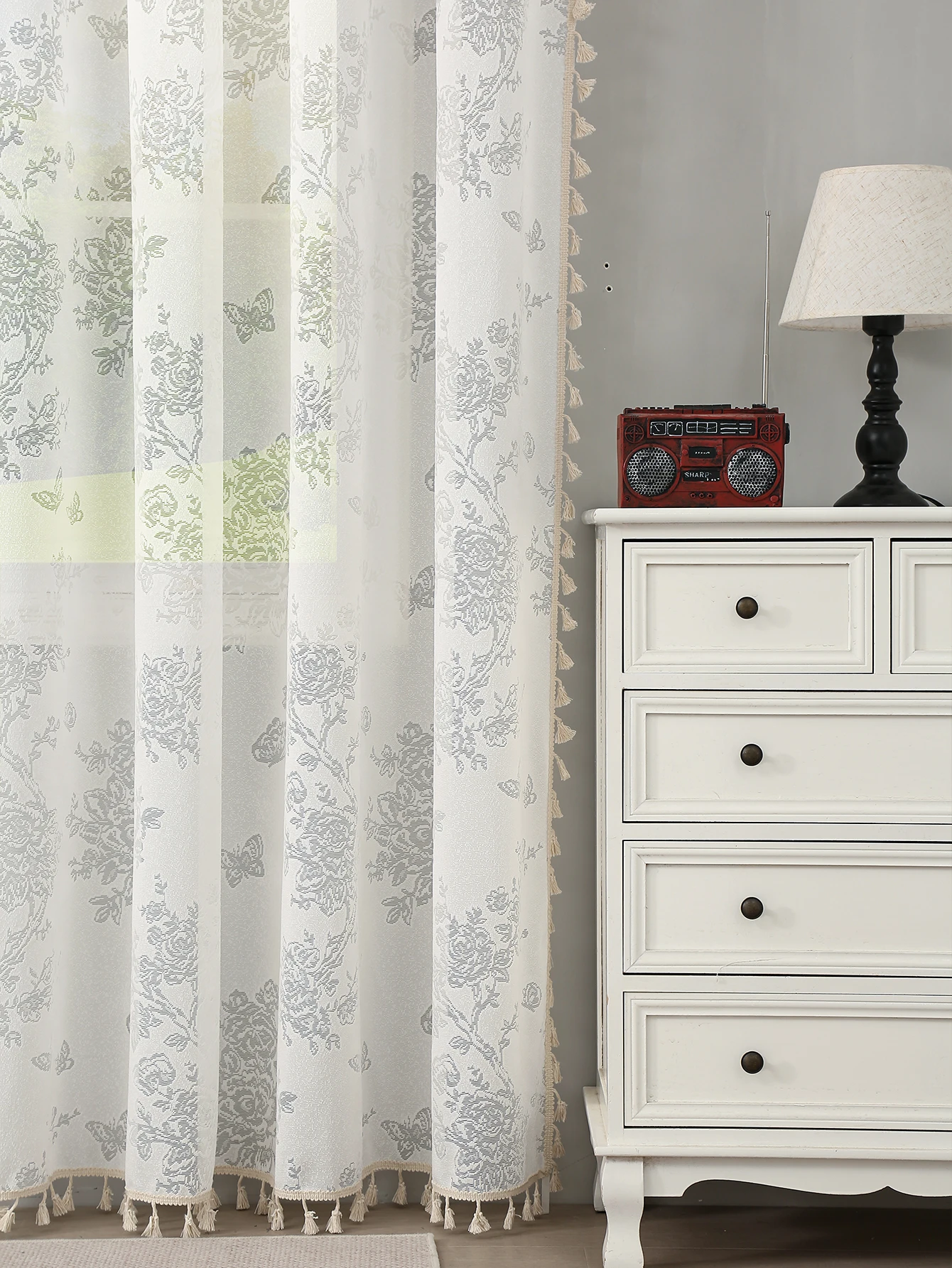 Белые прозрачные шторы бежевые льняные текстурированные с цветочным рисунком 84