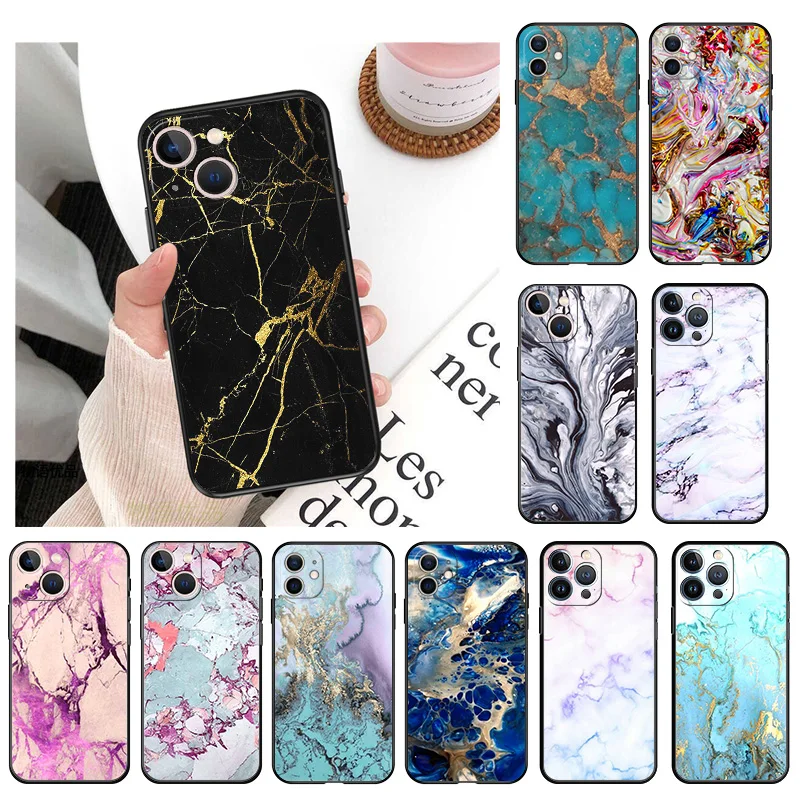 

Black Silicone Plating Splice Gradient Marble Art Phone Case for iphone 14Pro13 11 12 Pro XS Max Mini XR SE 8 7 14 Plus X Cover