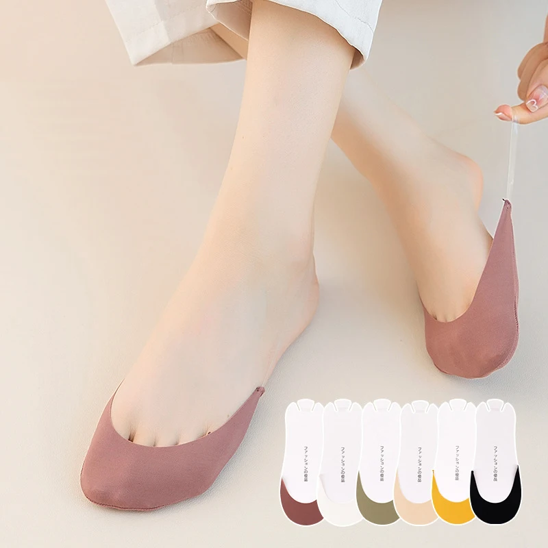 5pairs Ultrathin Ice Silk Boat Socks Women Breathable Boat Soft Cotton Slippers Socks Summer Short Invisible Antiskid Socks