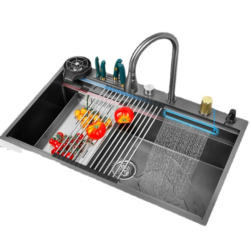 

Waterfall Sink Large Single Sink Nano 304 Stainless Steel Kitchen Household Washing Vegetables Basin with Handmade Sink Black