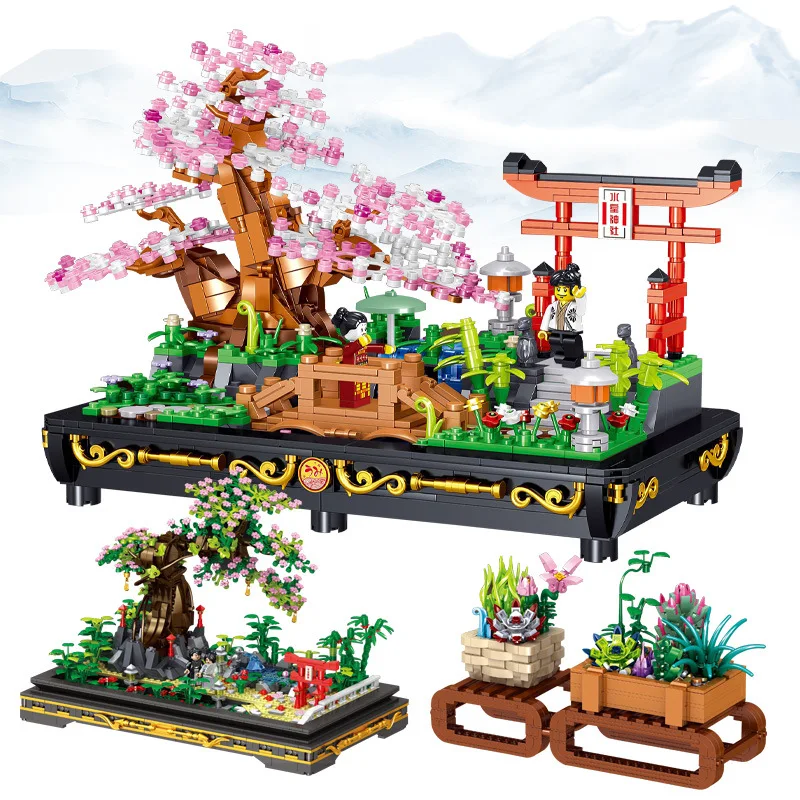 

Simulation Bonsai Plant Succulents Sakura Blossom Potted Mini Building Blocks City Street View Tree Flower Bricks Toys Gifts