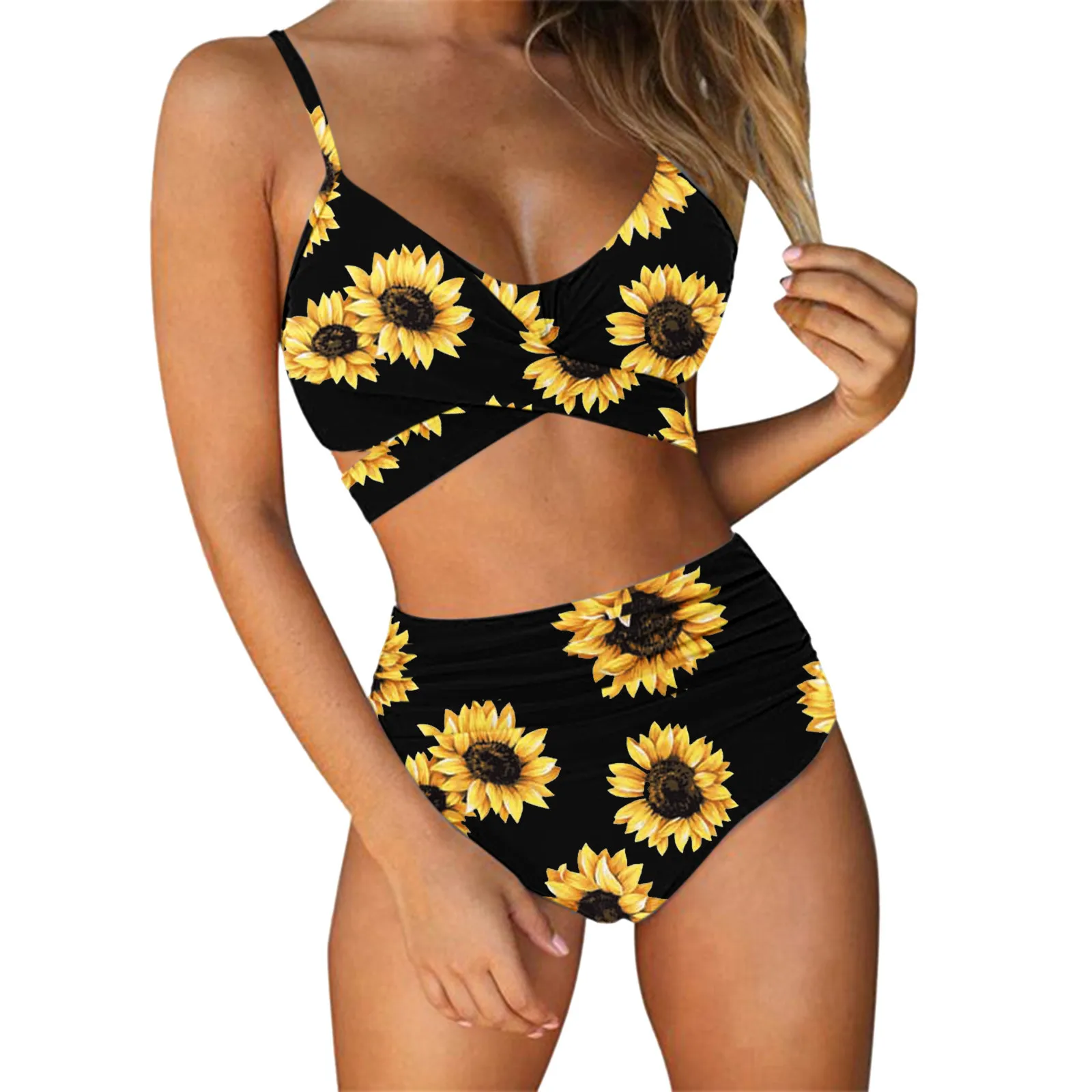 

Plus Size Swimwear Women Cross High Waisted String Sunflower Floral Print Sexy Bra And Panty Set 2 Piece Bathing Swimsuit 4