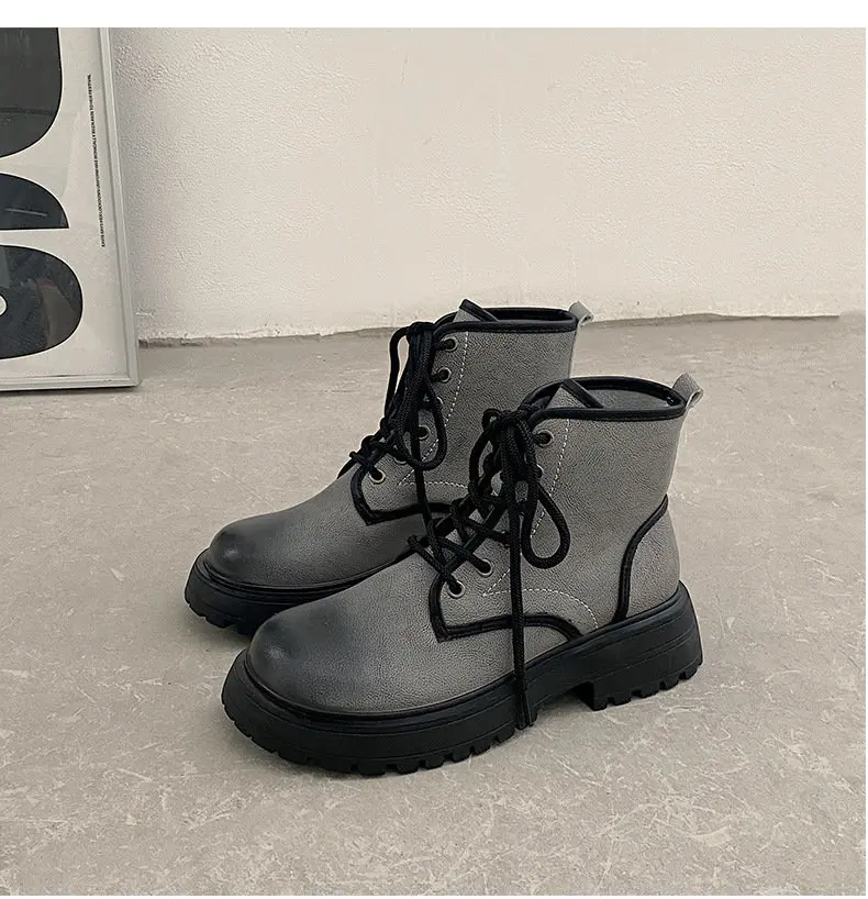 New Round Toe  Boots Women Autumn Winter Mixed Colors British Style Thick Bottom Short Gothic Boots Women Square Heels