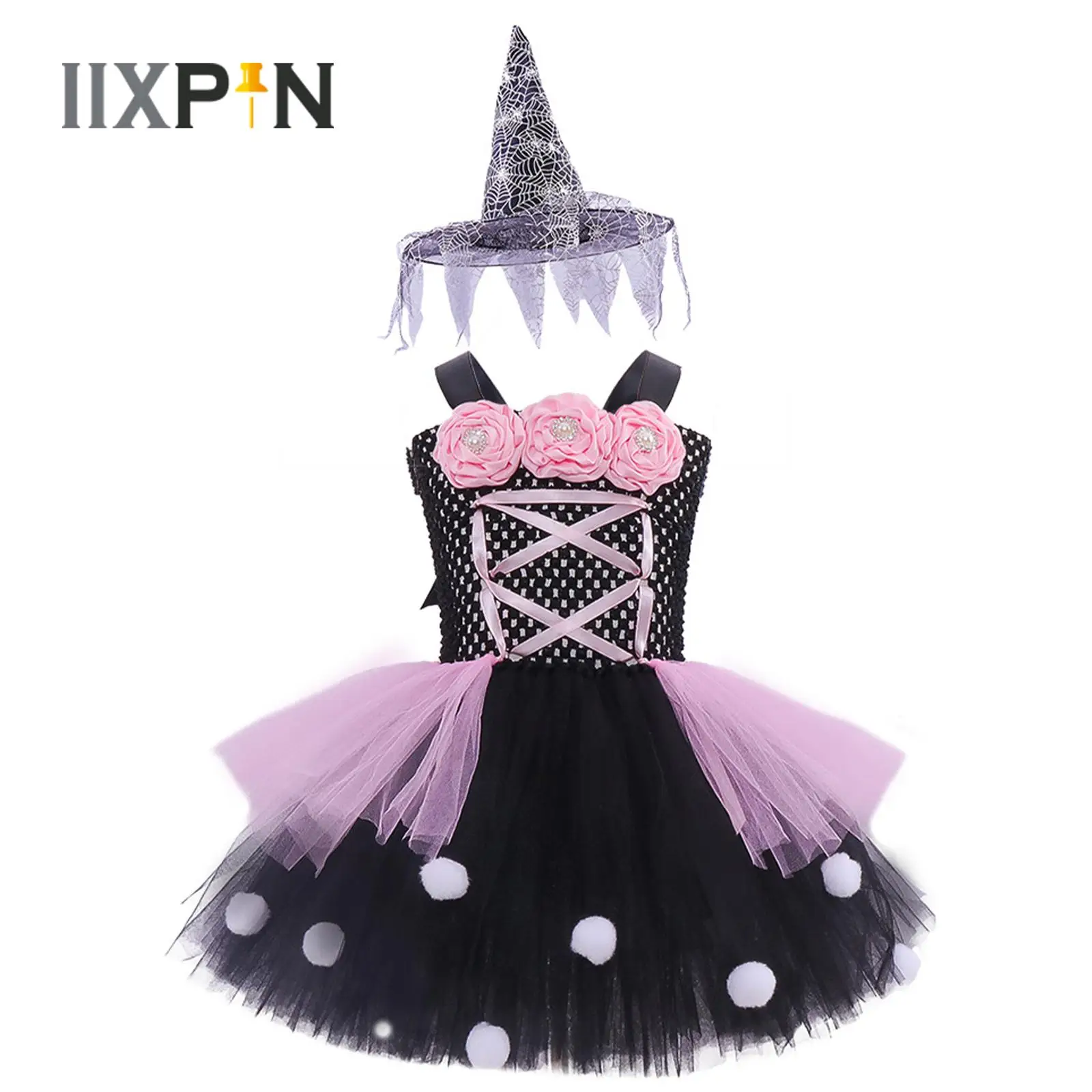 

Halloween Party Witch Costumes for Kids Girls Flowers Lace-up Pompoms Tutu Dress Spider Net Witch Hat Masquerade Cosplay Outfit