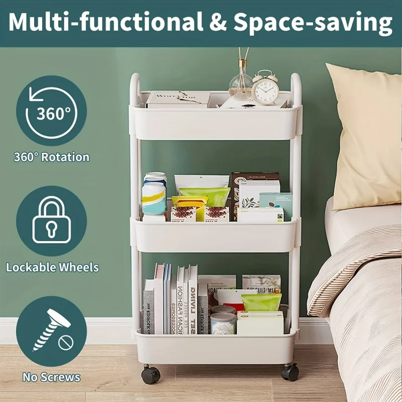 

Трехуровневая хозяйственная тележка, тележка с ручкой и запираемыми колесами, многофункциональная тележка для хранения для офиса, школы, г...