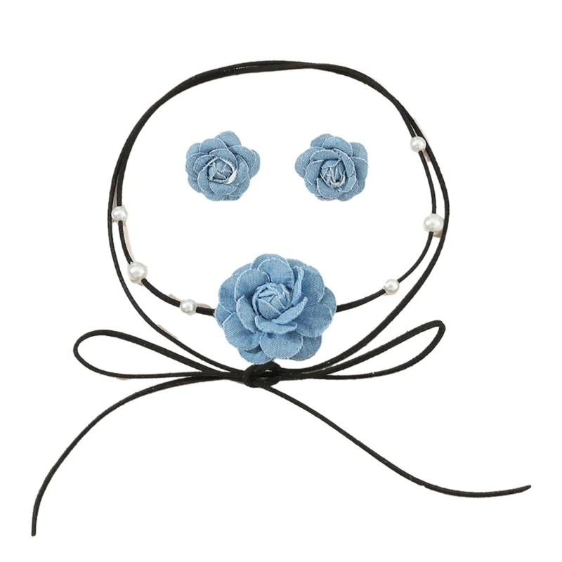 

Flower Lace-up Choker Necklace with Earrings Denim Camellia-Bead Clavicle Chain