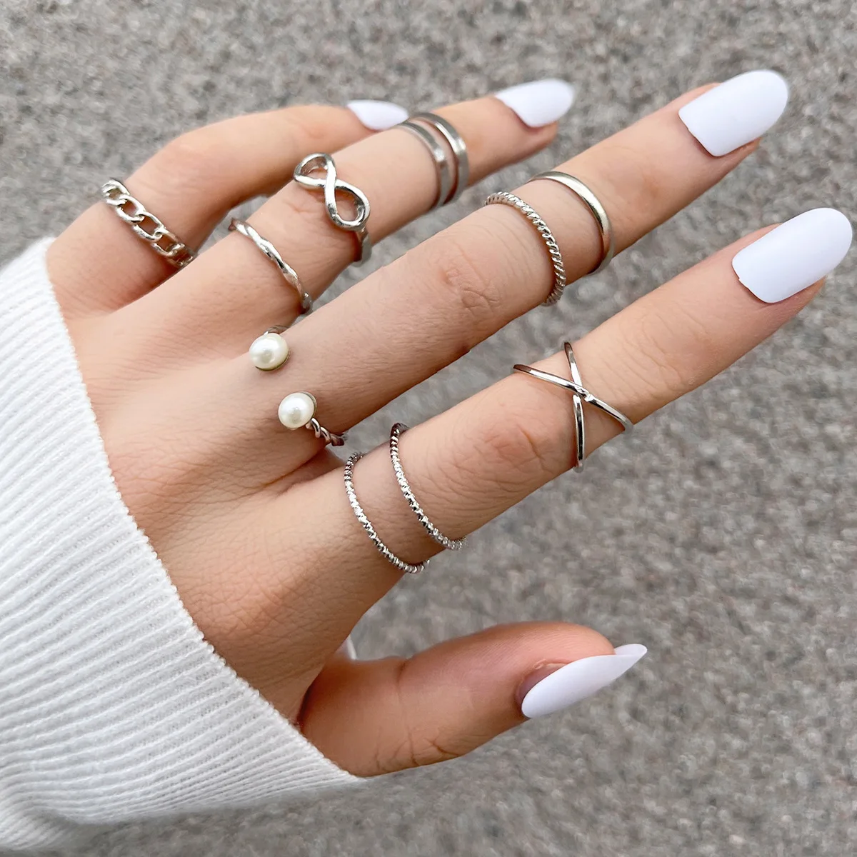 

9pcs/set Punk Trendy Geometry Pearl Decor Rings Set For Women Couples Sweet Couple Ring Gift Wholesale Jewelry M038