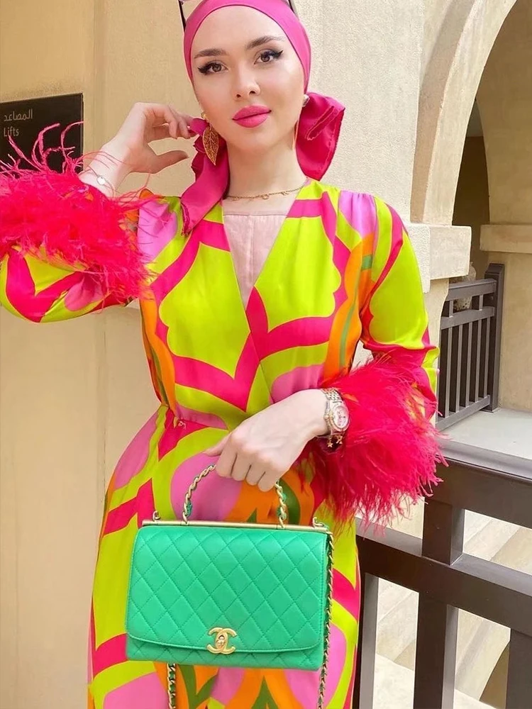 

ZA Women 2022 New Chic Fashion Printed Feather Sleeve Midi Dress Vintage V Neck Long Sleeve Female Dresses Vestidos Robe