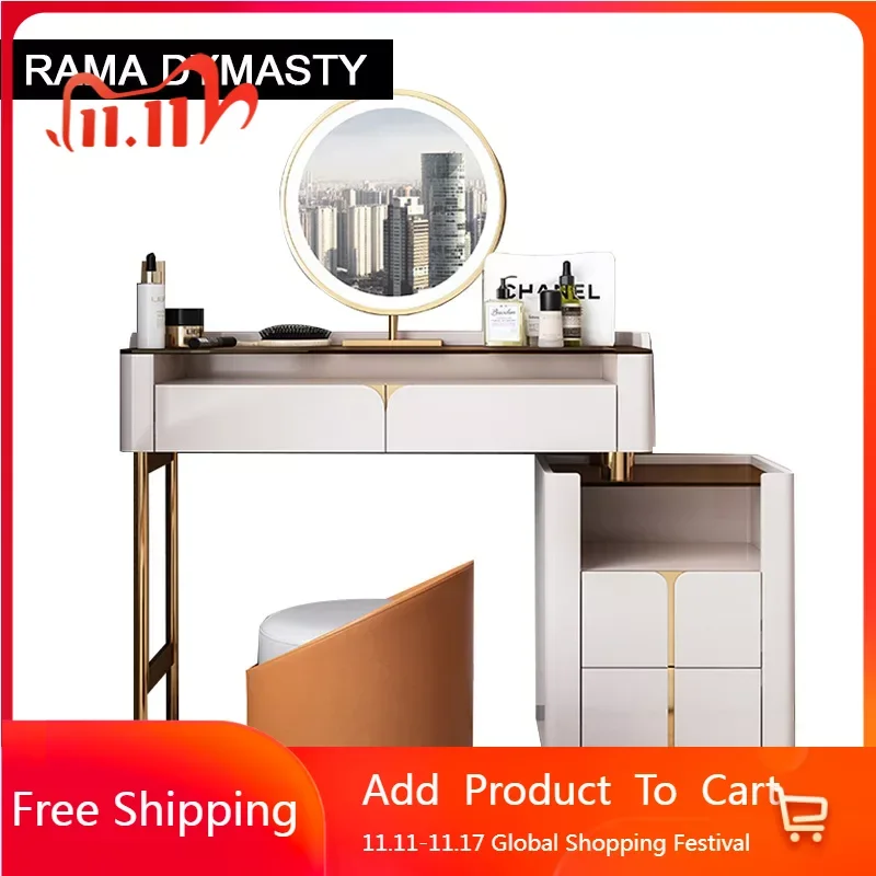 

Minimalist Modern Makeup Vanity Table With LED Mirror And Storage Drawers Wooden Dressing Desk And Stool For Bedroom Simple