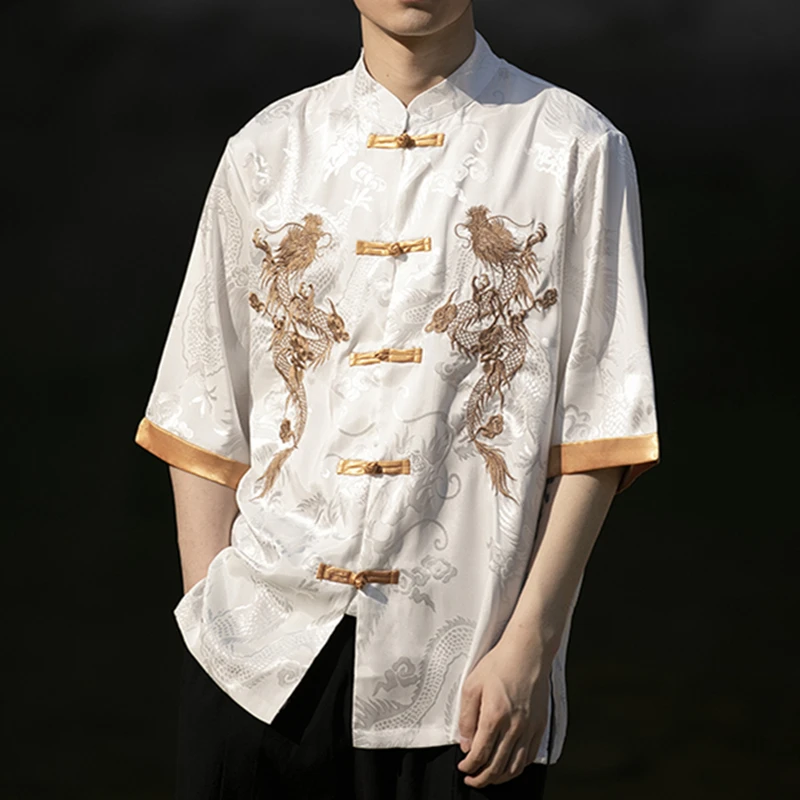 

Рубашка Yourqipao мужская с вышивкой дракона, блуза из ледяного шелка с короткими рукавами, в традиционном китайском стиле, лето