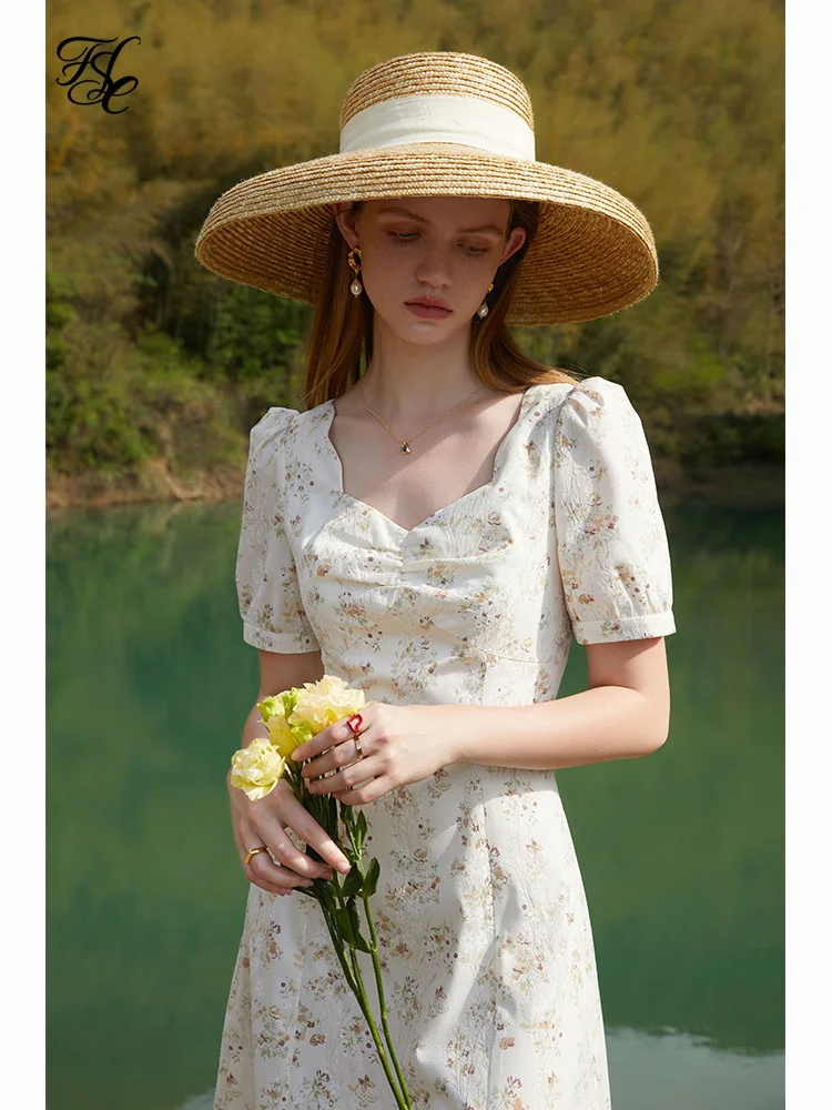 

FSLE 2022 Summer New French Gentle Wind Women Dress Square Neck Romantic Floral Back Bow Hollow Ladylike Vintage Female Clothing